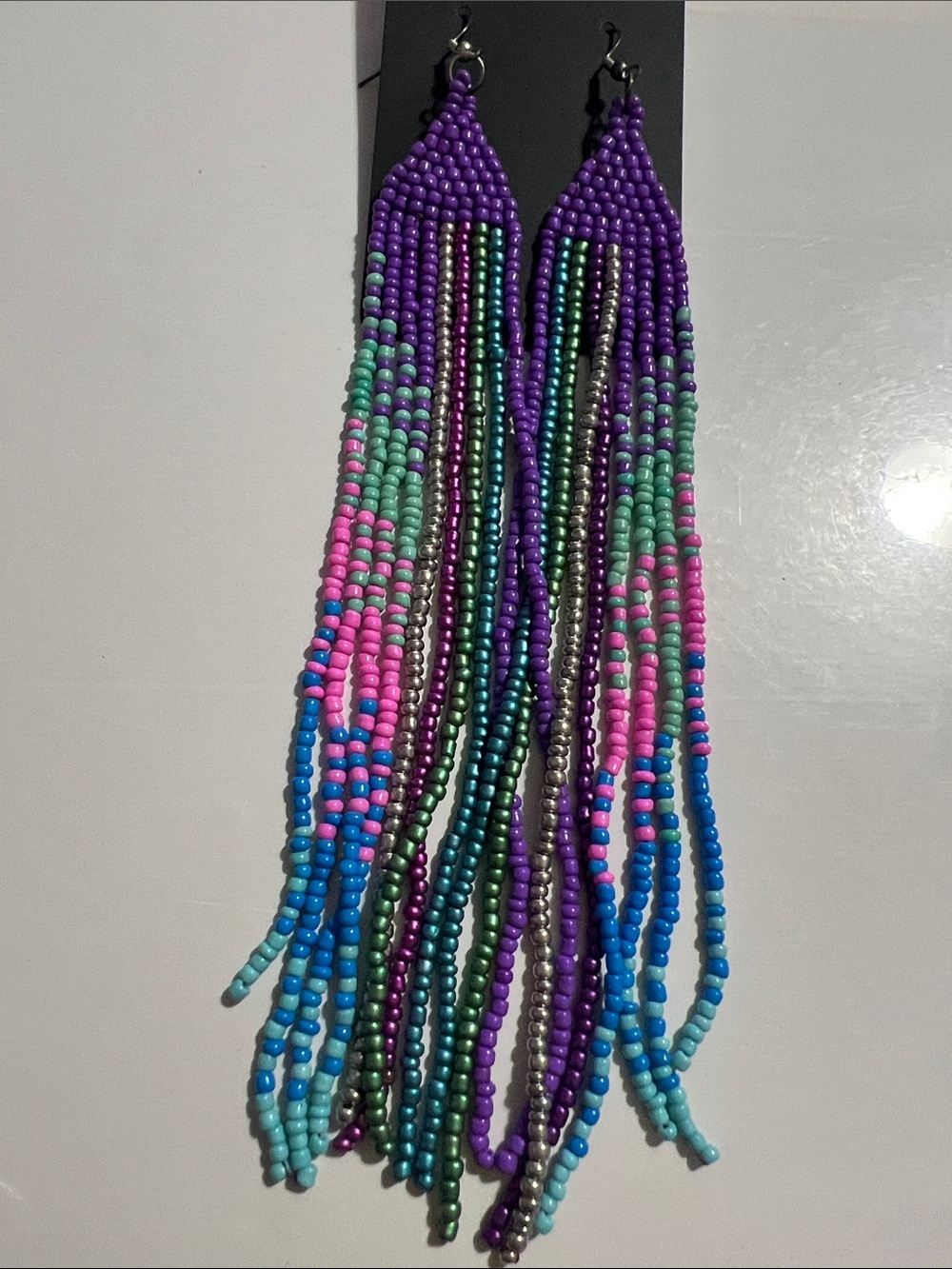 Long Purple Multicolor Beaded Fringe Earrings - Women Jewelry